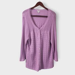 L.L. Bean Womens 2X Linen Blend Pointelle Knit Cardigan Lilac Purple Buttons